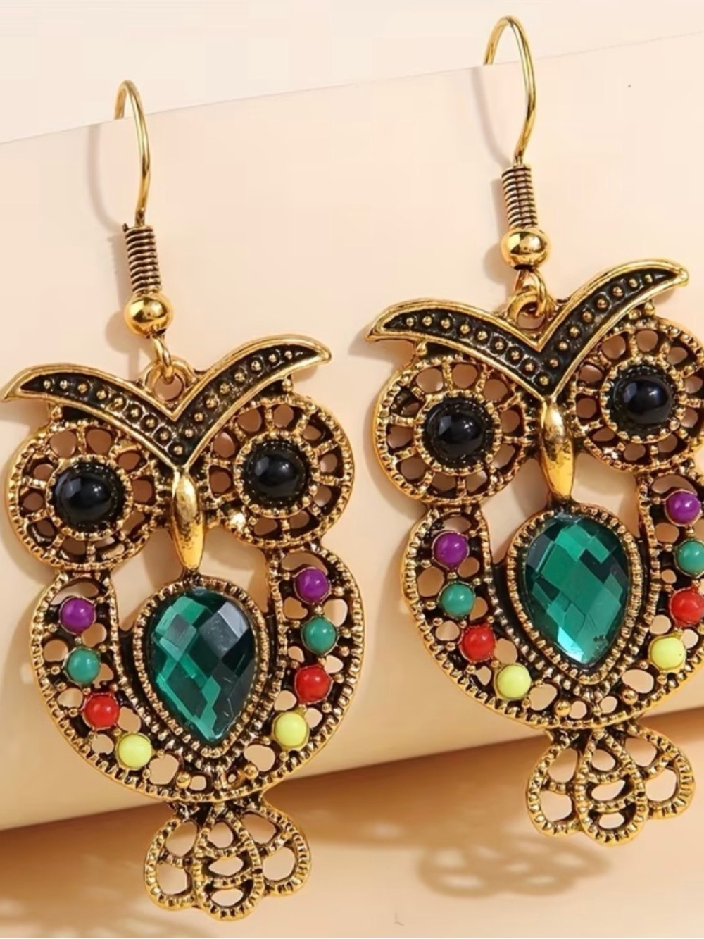 Gold Owl Drop Earrings with Emerald Green Gem and Multicolor Accents